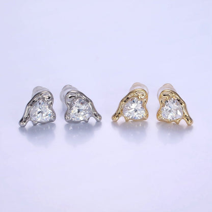 Molten Heart CZ Stud Earrings in Gold &amp; Silver | V506 V507