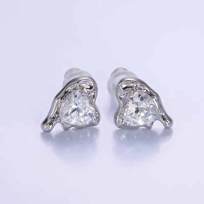 Molten Heart CZ Stud Earrings in Gold &amp; Silver | V506 V507