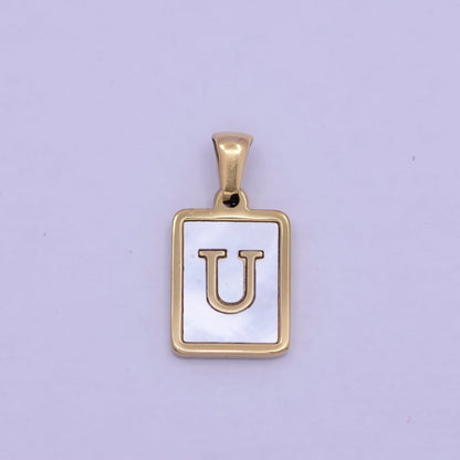 Mother of Pearl Letter Charm Gold Tag Alphabet Charm, Shell Letter Pendant Personalized Letters Initial Charm Stainless Steel A-862-A-874