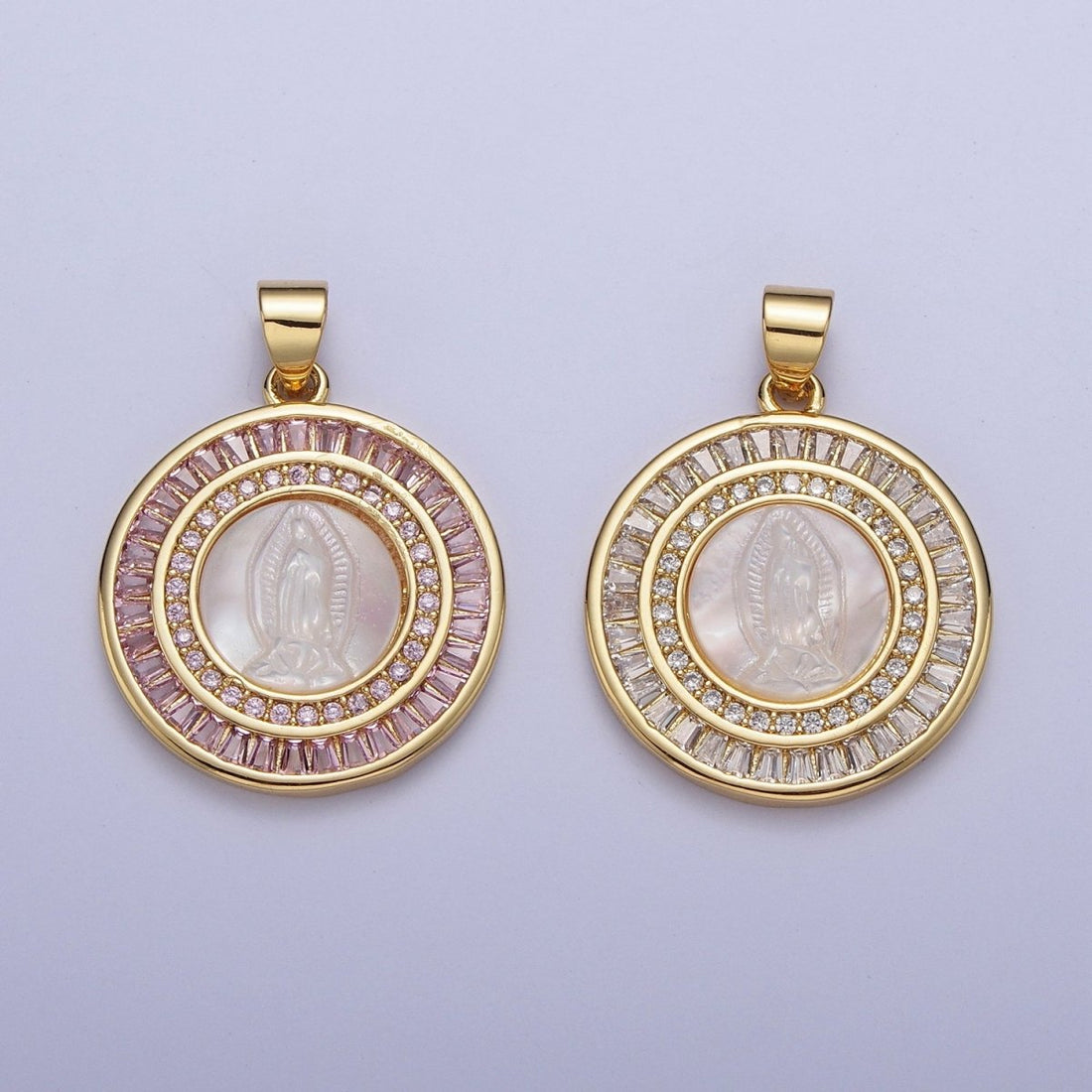 Mother of Pearl Miraculous Virgin Mary Micro Paved Clear/Pink Baguette Lined Round Medallion For Religious Jewelry | X-507 X-508