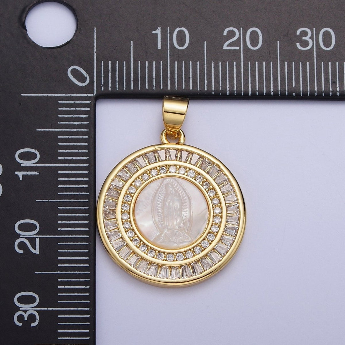 Mother of Pearl Miraculous Virgin Mary Micro Paved Clear/Pink Baguette Lined Round Medallion For Religious Jewelry | X-507 X-508
