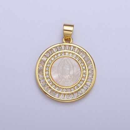 Mother of Pearl Miraculous Virgin Mary Micro Paved Clear/Pink Baguette Lined Round Medallion For Religious Jewelry | X-507 X-508
