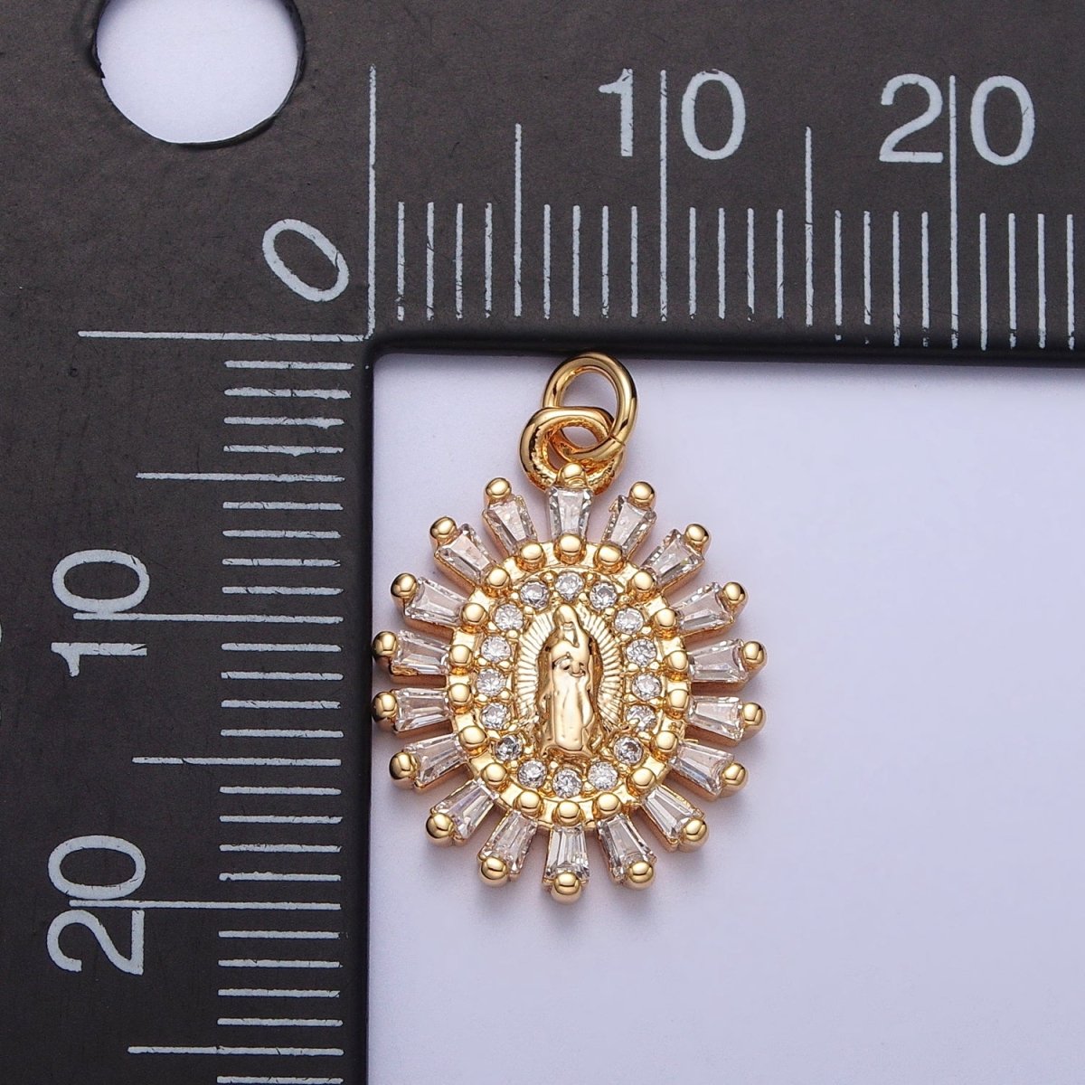 Mother Virgin Mary Beaded Baguette Beam Micro Paved Clear CZ Oval Charm in Gold &amp; Silver | AC-262 AC-263