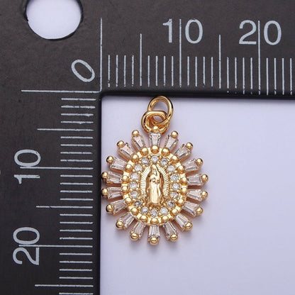 Mother Virgin Mary Beaded Baguette Beam Micro Paved Clear CZ Oval Charm in Gold &amp; Silver | AC-262 AC-263