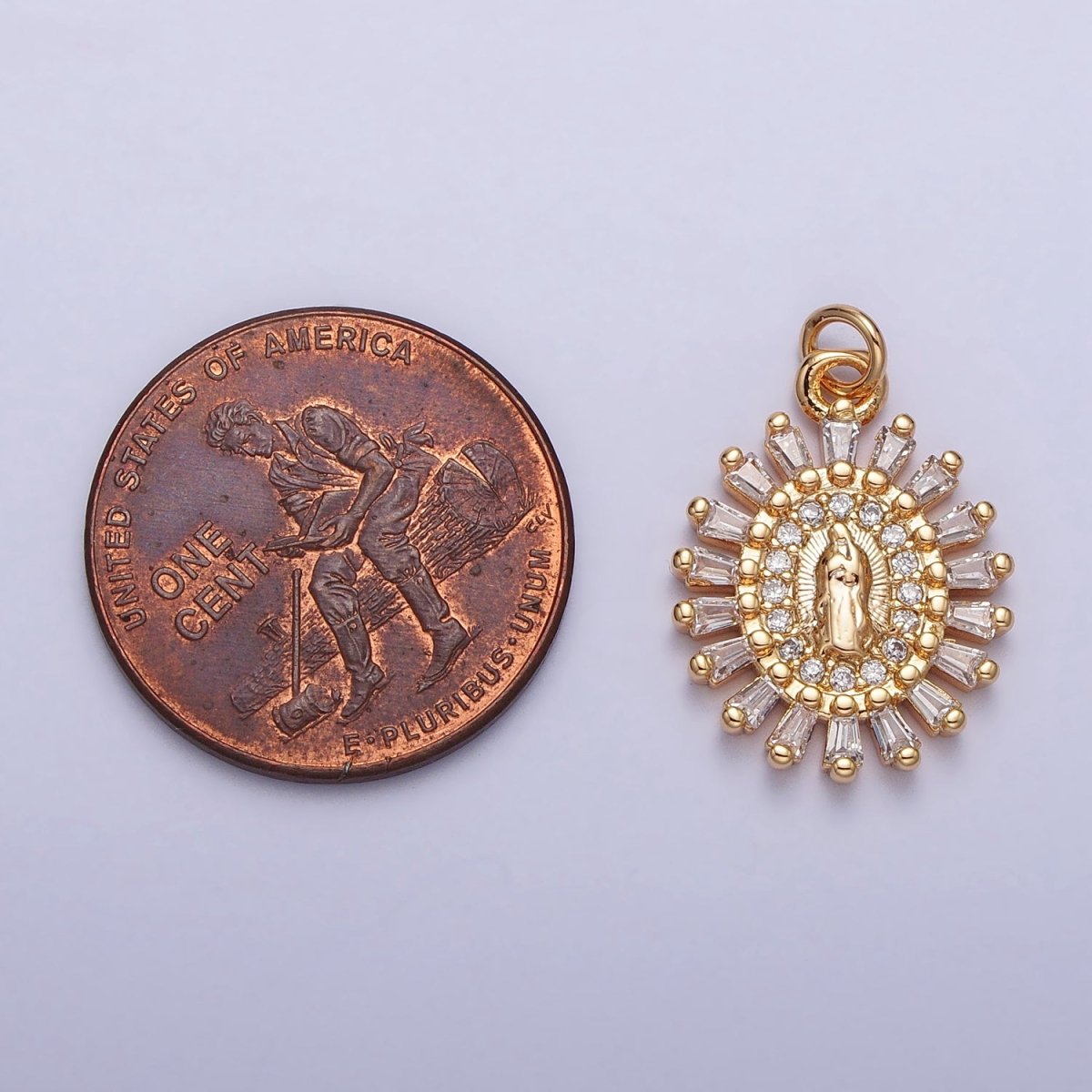 Mother Virgin Mary Beaded Baguette Beam Micro Paved Clear CZ Oval Charm in Gold &amp; Silver | AC-262 AC-263