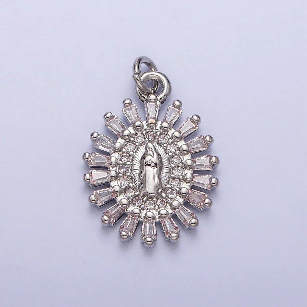 Mother Virgin Mary Beaded Baguette Beam Micro Paved Clear CZ Oval Charm in Gold &amp; Silver | AC-262 AC-263