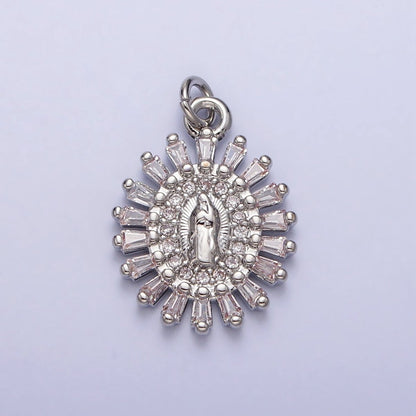 Mother Virgin Mary Beaded Baguette Beam Micro Paved Clear CZ Oval Charm in Gold &amp; Silver | AC-262 AC-263
