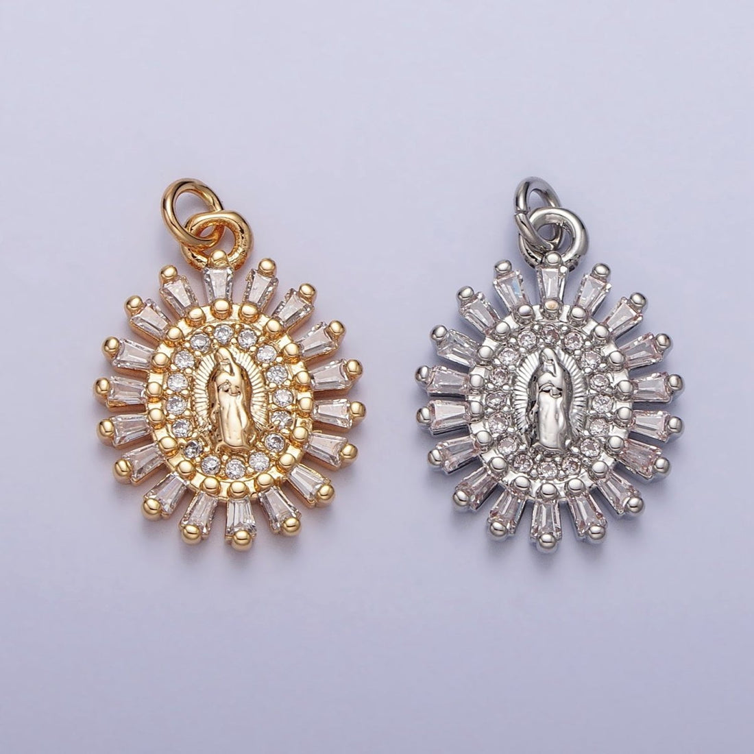 Mother Virgin Mary Beaded Baguette Beam Micro Paved Clear CZ Oval Charm in Gold &amp; Silver | AC-262 AC-263