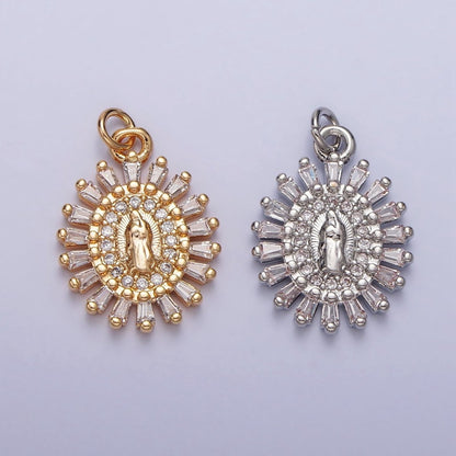 Mother Virgin Mary Beaded Baguette Beam Micro Paved Clear CZ Oval Charm in Gold &amp; Silver | AC-262 AC-263