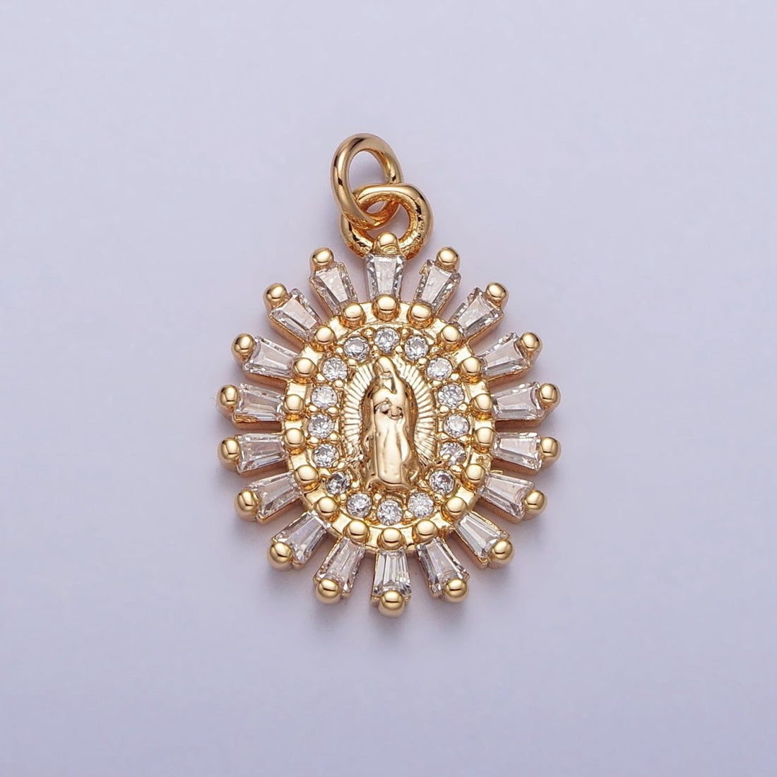 Mother Virgin Mary Beaded Baguette Beam Micro Paved Clear CZ Oval Charm in Gold &amp; Silver | AC-262 AC-263