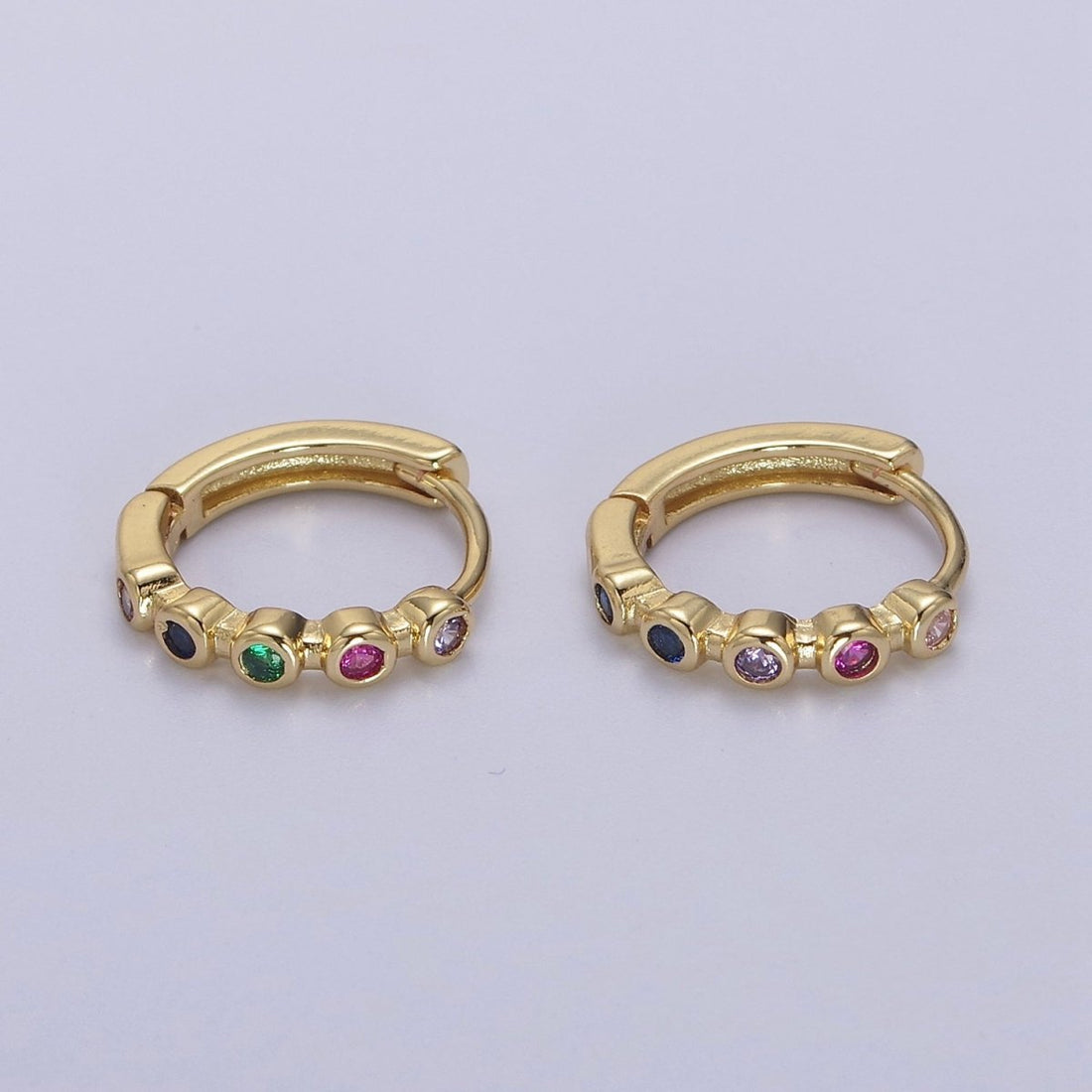 Multi Color Huggie Earring 14mm Gold Hoop Colorful CZ Earring T-359