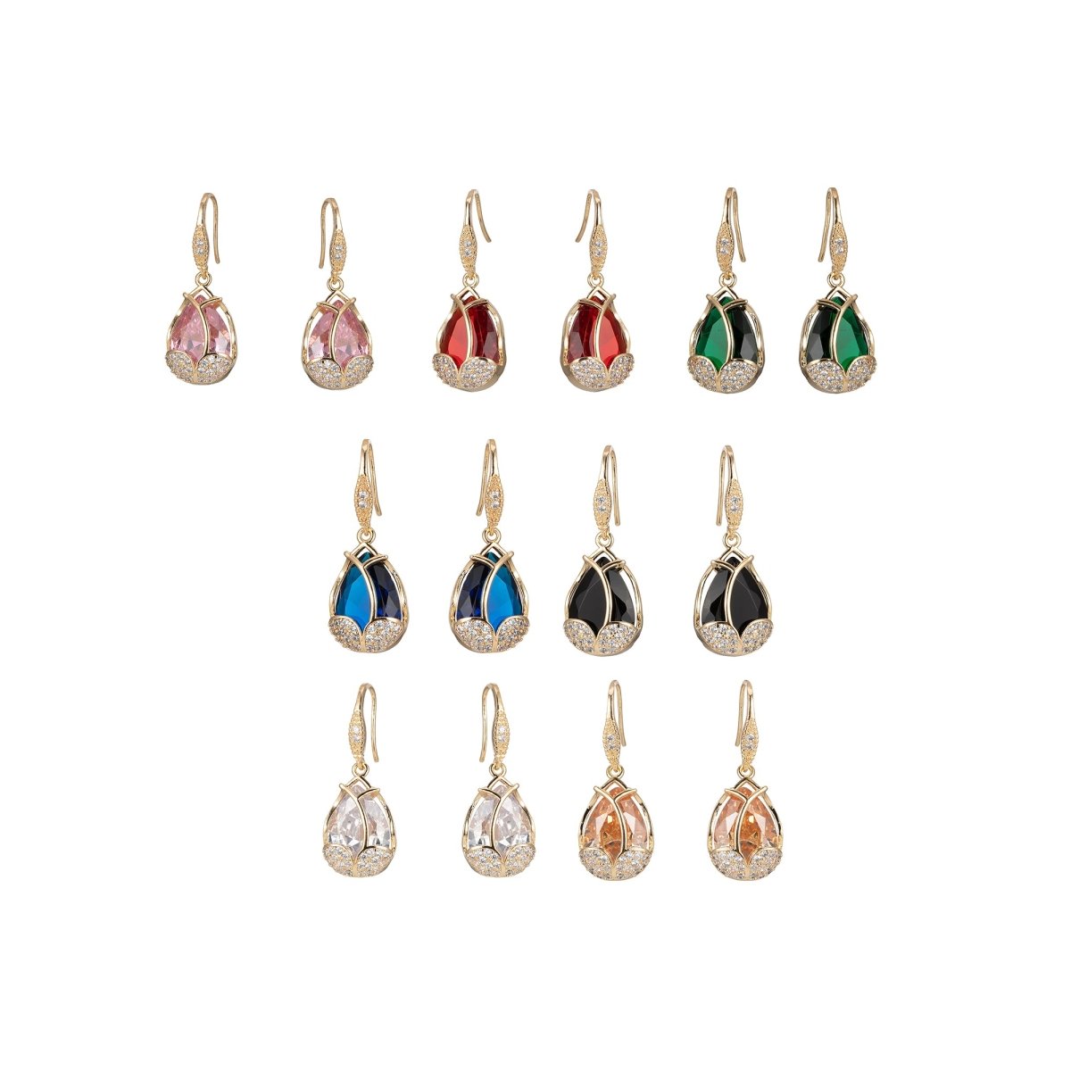 Multicolor Crystal Cubic Zirconia CZ Tulip Dangle Earring in 18K Gold &amp; Silver
