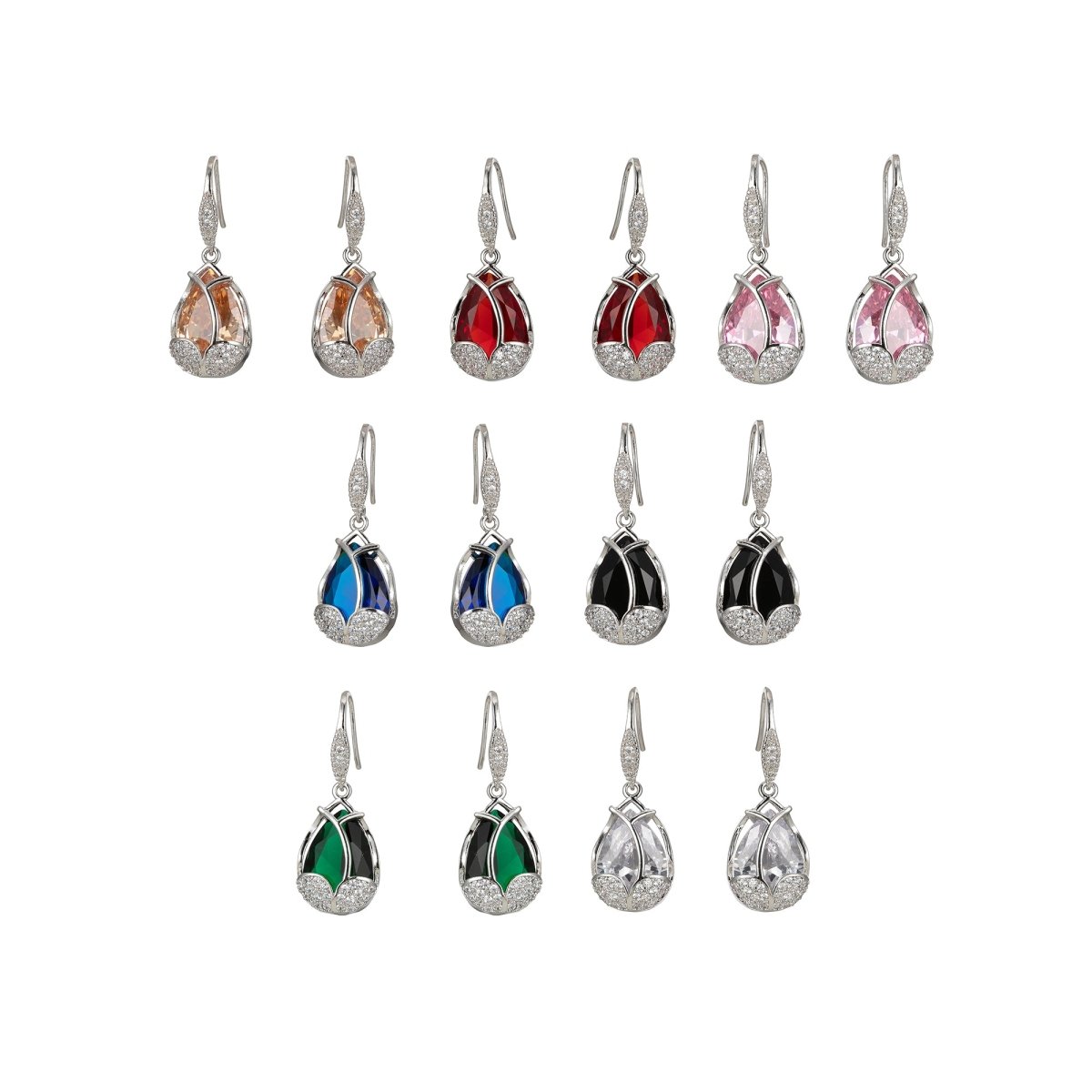 Multicolor Crystal Cubic Zirconia CZ Tulip Dangle Earring in 18K Gold &amp; Silver