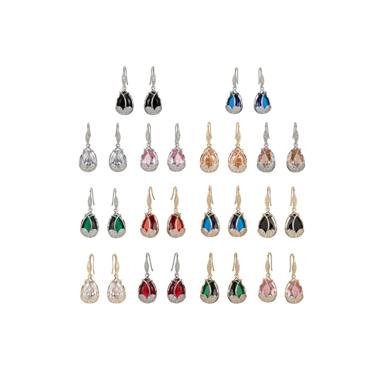 Multicolor Crystal Cubic Zirconia CZ Tulip Dangle Earring in 18K Gold &amp; Silver