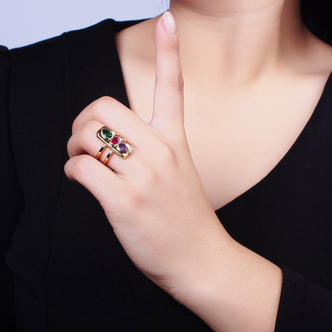 Multicolor Cz Stone Geometric Ring in Gold Silver with Tear Drop Oval CZ Stone S-025 S-102