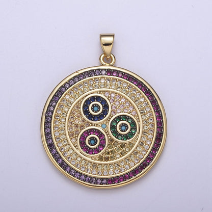 Multicolor Diamond Disc Pendant, Round Disc Charm Micro Pave Medallion Pendant 14k Gold Filled H-242 - H-244 H-292
