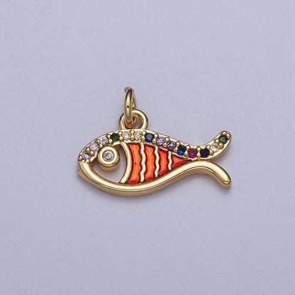 Multicolor Micro Paved Cubic Zirconia Red Orange Dainty Fish Beach Wildlife Gold Charm For Jewelry Making AG-112