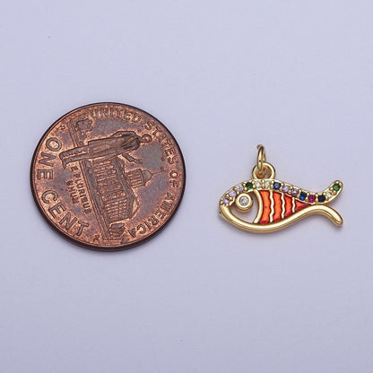 Multicolor Micro Paved Cubic Zirconia Red Orange Dainty Fish Beach Wildlife Gold Charm For Jewelry Making AG-112