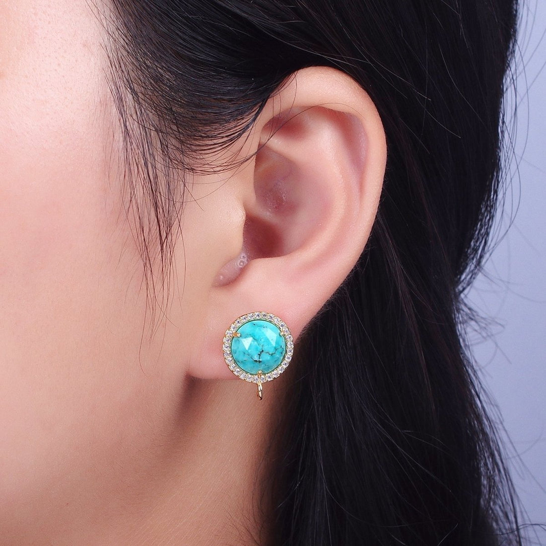 Multifaceted Round CZ Micro Paved Natural Stone Open Loop Stud Earrings Supply | K-084-K-086 K-092 K-094 K-095 K-098 K-099 K-120 K-146 K-169 K-181 - K-184