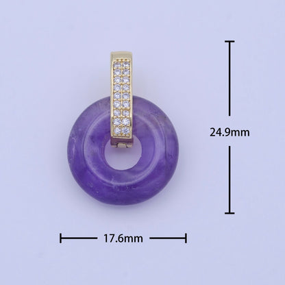 Natural Amethyst, Jade, Tiger Eye, Rose Quartz Donut Micro Paved Pendant | H267 - H273