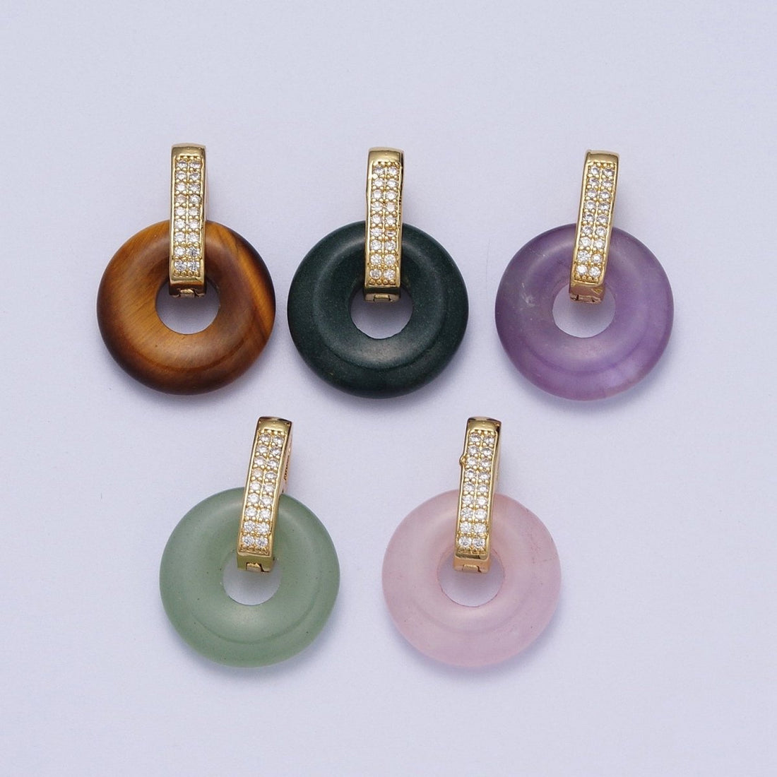 Natural Amethyst, Jade, Tiger Eye, Rose Quartz Donut Micro Paved Pendant | H267 - H273