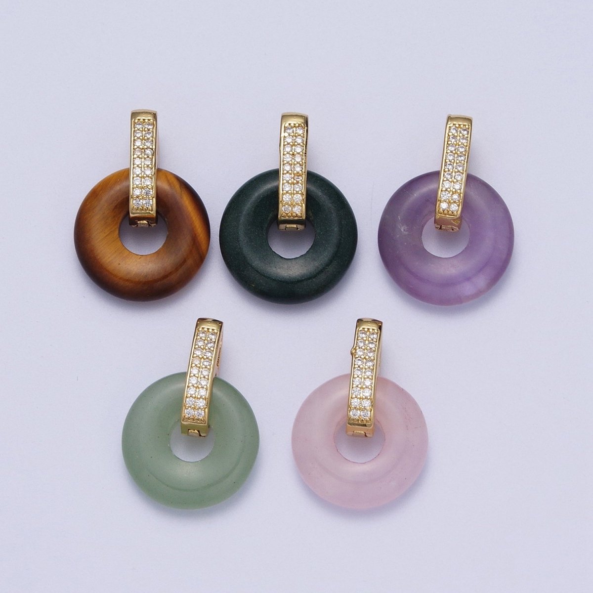 Natural Amethyst, Jade, Tiger Eye, Rose Quartz Donut Micro Paved Pendant | H267 - H273