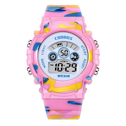 Navy Blue Camouflage Kids Watches LED Colorful Flash Digital Waterproof Date Week Creative Children Watch Sport Multi Function 30M Waterproof LED Alarm Stopwatch Digital Child Wristwatch For Boy Girl