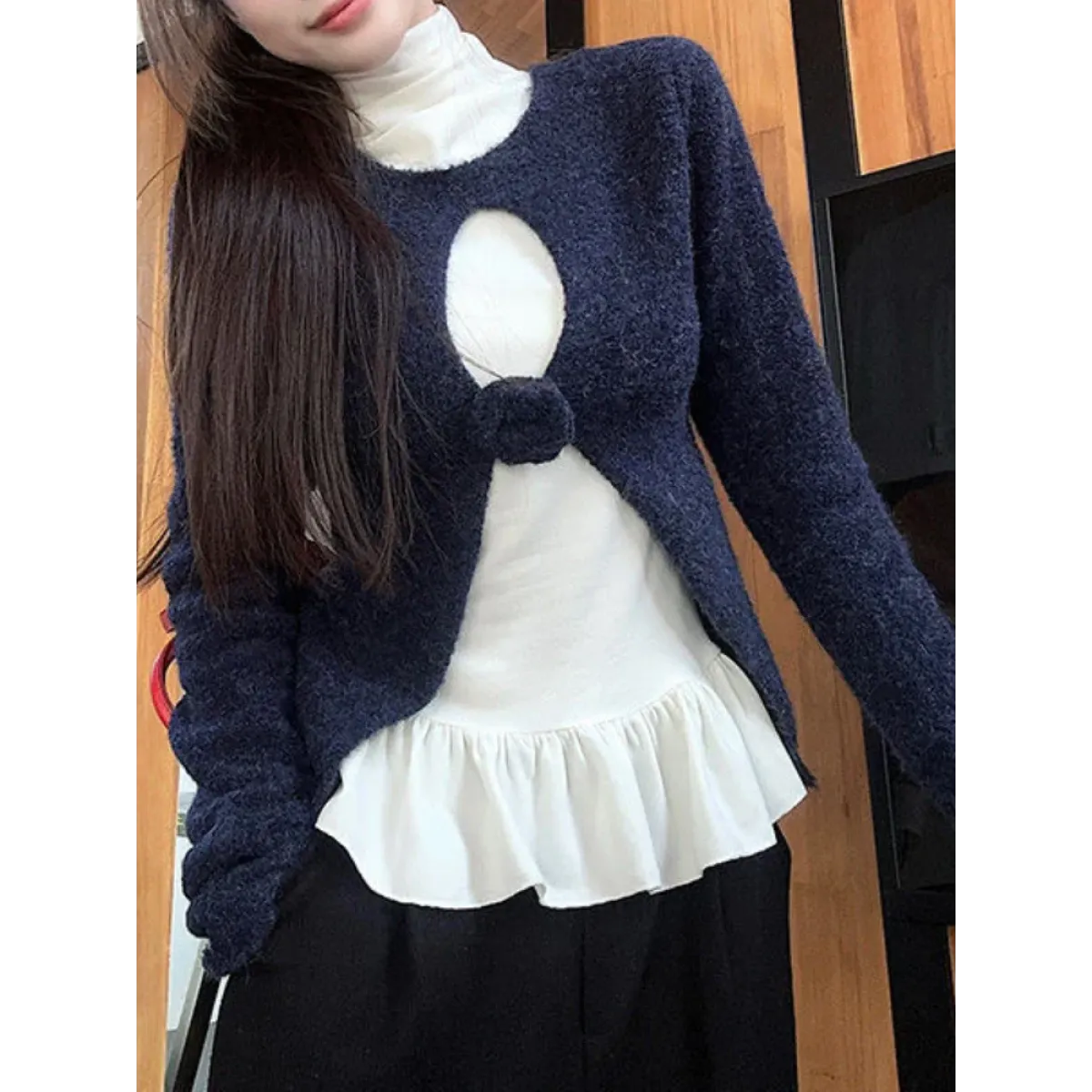 Navy Knit Cutout Sweater &amp; White Peplum Top – Harajuku Set