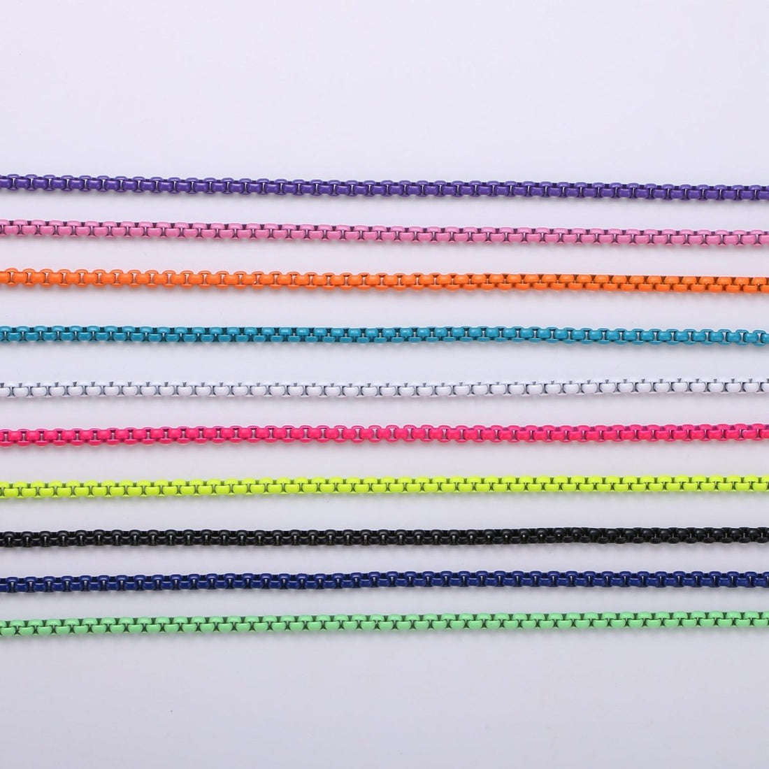 Neon Enamel Box Chain by Yard, Enamel Pop Chain Necklaces, Retro 1990 90s trend Style Chain Necklace Purple Pink Orange Blue White Yellow Green | ROLL-338 to ROLL-347 Clearance Pricing