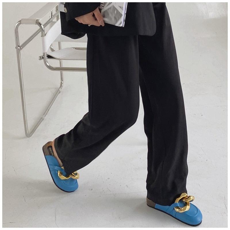 Gold Chain Women Slipper Closed Toe Slip On Mules Shoes Round Toe Low Heels Casual Slides Flat Sandals Slip On Slide Sandals Elegant Heels Slides Slippers