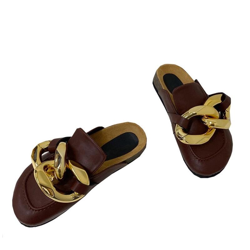 Gold Chain Women Slipper Closed Toe Slip On Mules Shoes Round Toe Low Heels Casual Slides Flat Sandals Slip On Slide Sandals Elegant Heels Slides Slippers