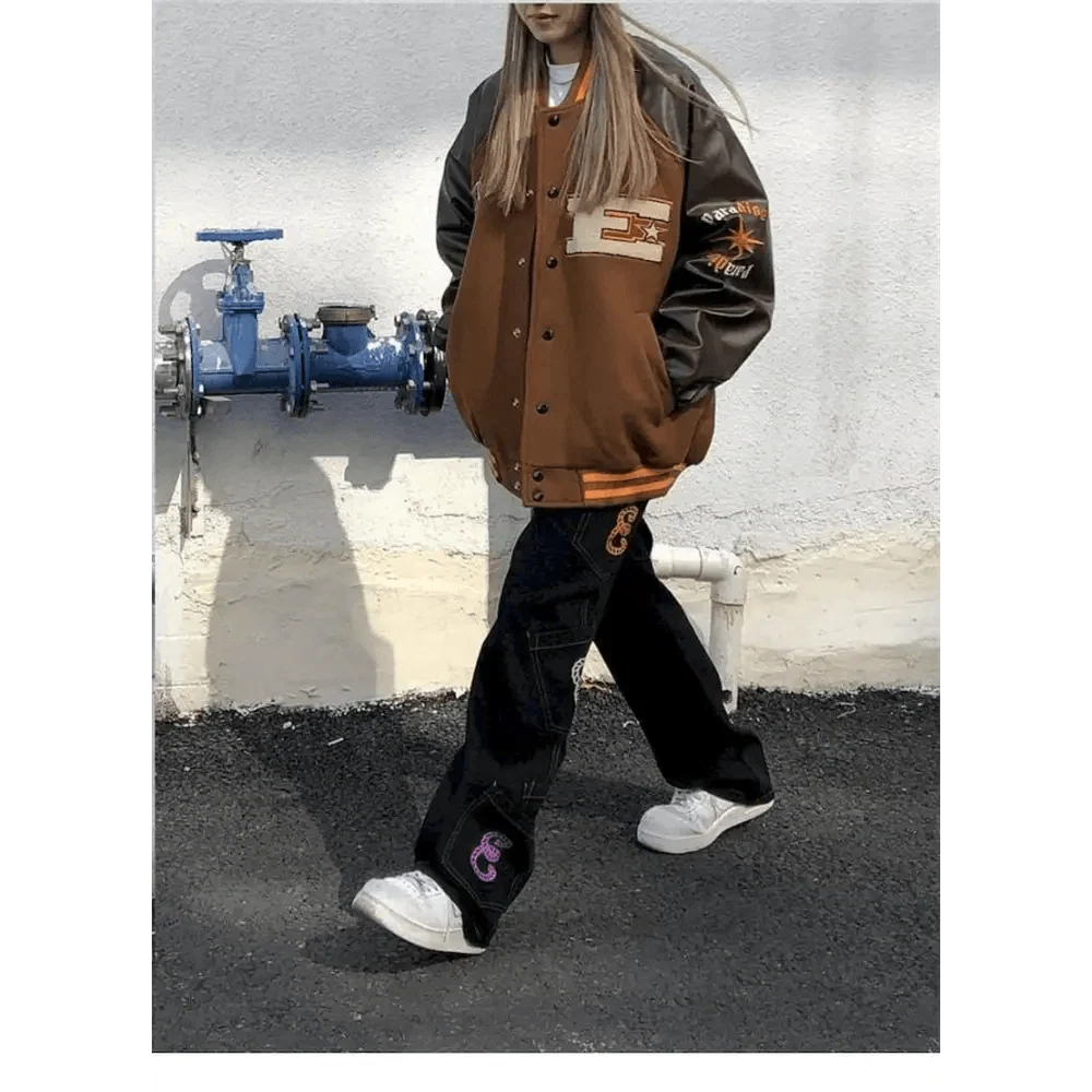 New Free Style Woman Jacket Hip Hop Furry Bone Patchwork Color Block Jackets Mens Streetwear Men Baseball Coats Unisex