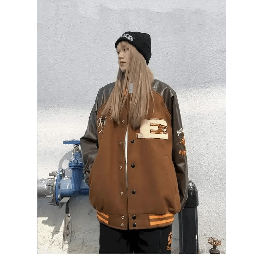 New Free Style Woman Jacket Hip Hop Furry Bone Patchwork Color Block Jackets Mens Streetwear Men Baseball Coats Unisex