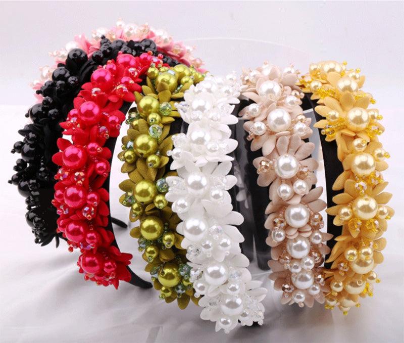 Flower Pearl Headbands Crystal Beads Embellishment Wide Hairbands Women Wedding Party Crown Tiara Gorgeous Hair Accessories For Women