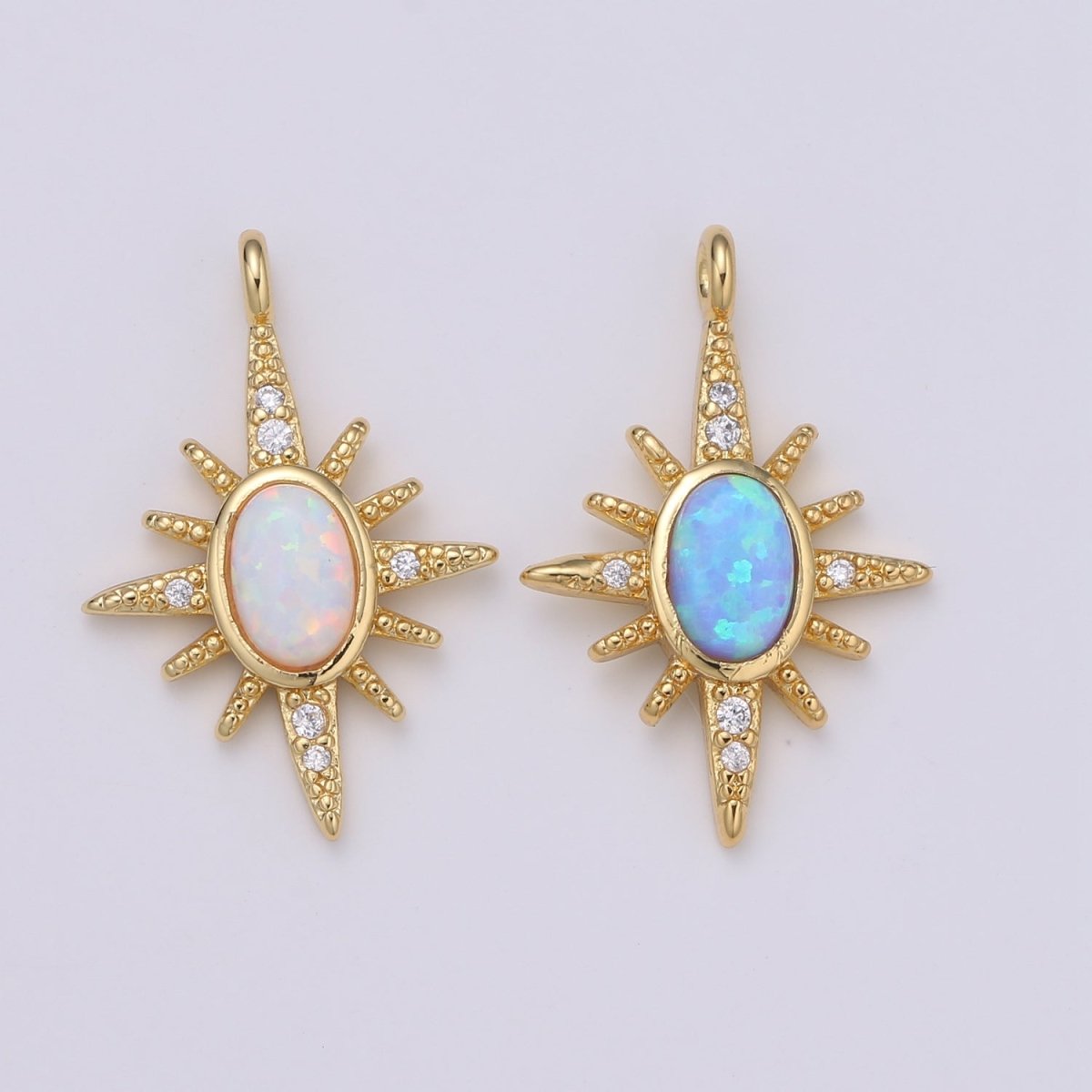 Northstar 24K Gold Opal White Blue Star Charm with Micro Pave Cubic Zirconia Pendant E-035 E-036