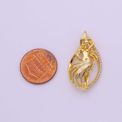 Nouveau Goddess Women Gold Art Statement Micro Paved CZ Pendant H-047