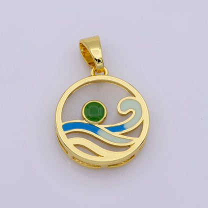 Ocean Wave Charms, Blue Enamel Wave Pendant Beach Nature Charm Coin Surfer Jewelry 14K Gold Filled Supplies