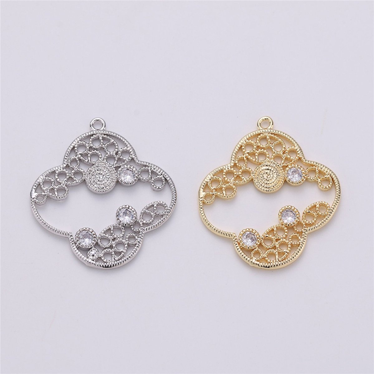 On Sale! CLEARANCE! Four Leaf Clover Charm in Rhodium White Gold with Cubic Zircon Pendant for Necklace Earring Jewelry Making inspired quatrefoil clover E-486
