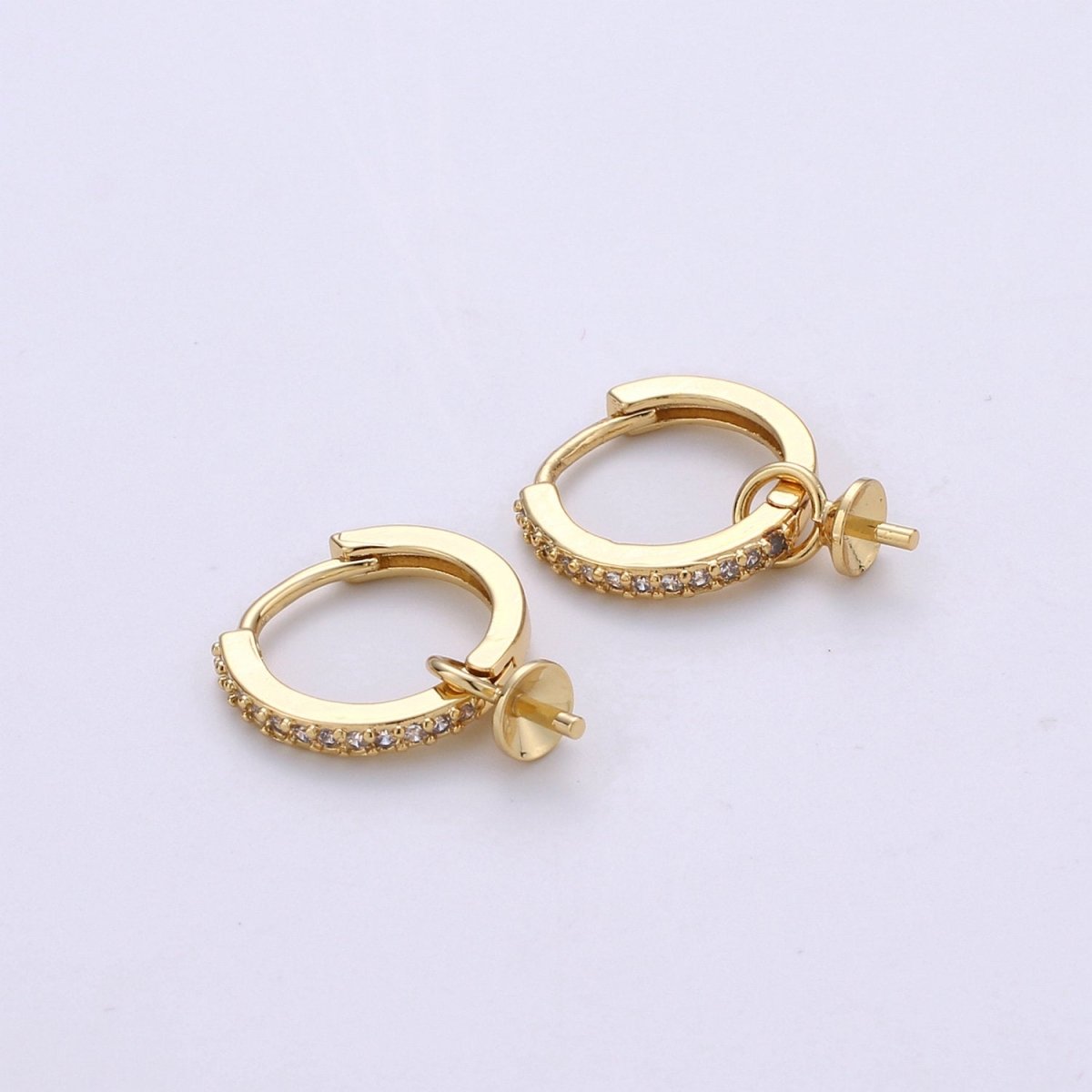 One Pair Micro Pave Gold Simple Loop Earring Findings, Hoop Earring Mounts,Half Drilled Pearl Peg Earring Component Supply L-387 K-494