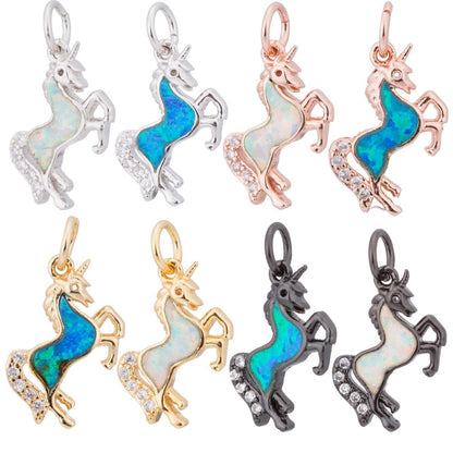 Opal Rose Gold Glitter Unicorn Cubic Zirconia Charm Pendant