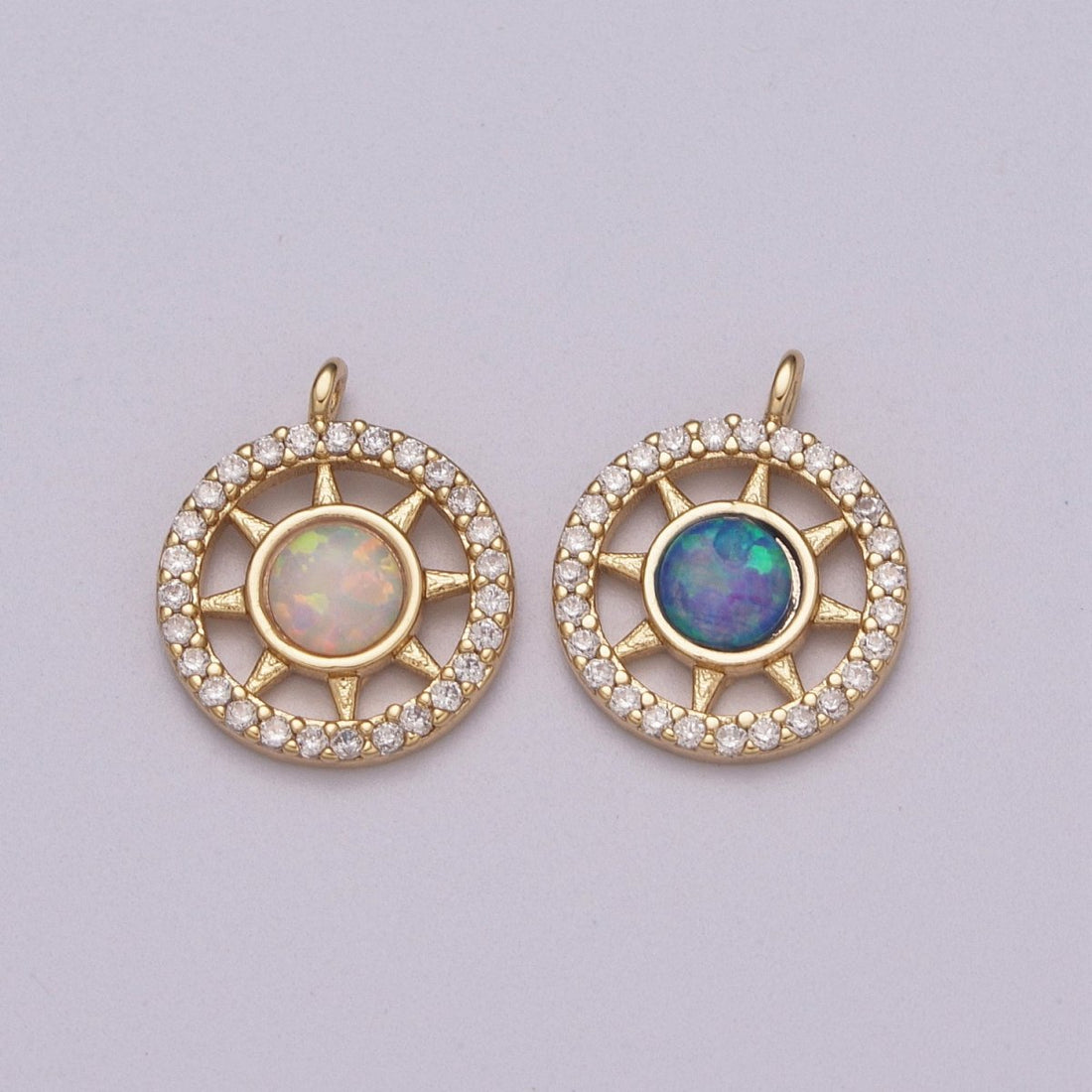 Opal Sun Coin Charm Micro Pave Charm 18k Gold Filled Celestial Cubic Zirconia Pave Small Disc Pendant M-832 M-833