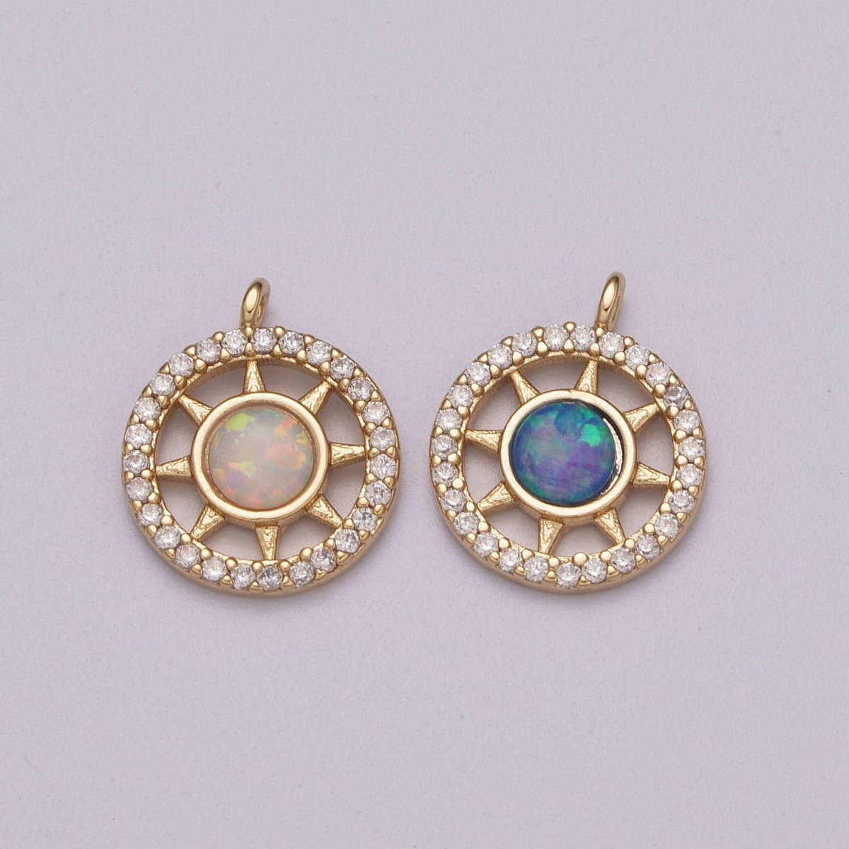 Opal Sun Coin Charm Micro Pave Charm 18k Gold Filled Celestial Cubic Zirconia Pave Small Disc Pendant M-832 M-833