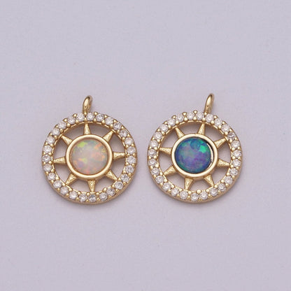 Opal Sun Coin Charm Micro Pave Charm 18k Gold Filled Celestial Cubic Zirconia Pave Small Disc Pendant M-832 M-833