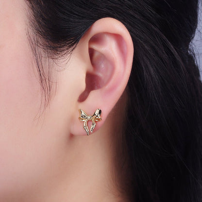 14K Gold Filled 14mm Coquette Ribbon Bow CZ Minimalist Stud Earrings | AB1128
