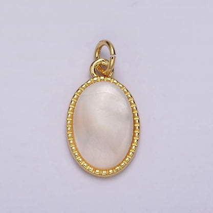 14K Gold Filled 20mm Shell Pearl Oblong Dotted Bezel Charm | AG513