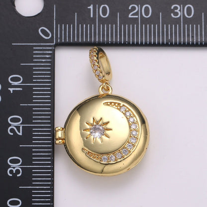 14K Gold Filled Crescent Moon Locket Starry Night Locket Pendant, Moon Star CZ Locket Charm Necklace Component Celestial Jewelry H-234
