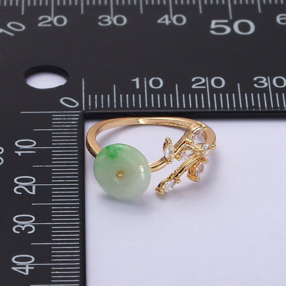 14K Gold Filled Green Jade Donut Butterfly Leaf Marquise CZ Open Ring | O-604