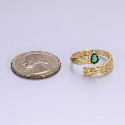 14K Gold Filled Green Teardrop CZ Hammered Band Ring | O-568