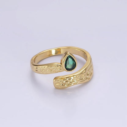 14K Gold Filled Green Teardrop CZ Hammered Band Ring | O-568