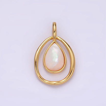 14K Gold Filled Shell Pearl Teardrop Double Bezel Open Pendant | N-1804